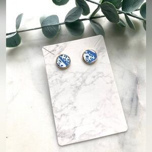Blue and White Polymer Clay Gold Bezel Stud Earrings handmade